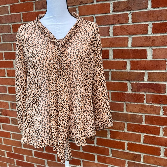 Robert Louis Semi Sheer Leopard Print Tie Neck Long Sleeve Blouse Womens XL - Picture 2 of 9